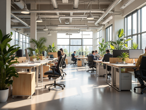现代办公环境室内场景，宽敞明亮的办公室，员工在工位上工作，背景有现代化办公家具和绿植装饰